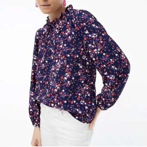 J. Crew Long-sleeve ruffleneck top Blue Floral Blouse BF825 Women's Size Small - Picture 1 of 10